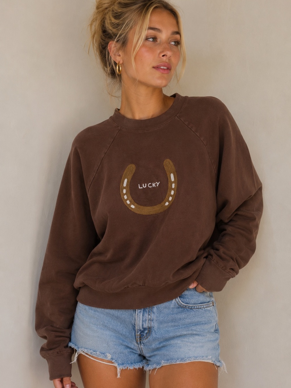 Banner Day Brown Lucky Embroidered Sweatshirt Size Medium 38807